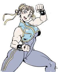 Rule 34 | 1girl, alternate costume, bare shoulders, blush, bodysuit, bracelet, brown eyes, brown hair, capcom, chun-li, clenched hands, cowboy shot, crop top, double bun, hair bun, hair ribbon, head tilt, jewelry, kinuko (kinucakes), looking at viewer, muscular, muscular female, open mouth, ribbon, simple background, skin tight, sleeveless, sleeveless bodysuit, smile, solo, spiked bracelet, spikes, standing, street fighter, thighs, unitard, white background, yellow ribbon
