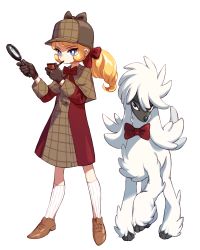 Rule 34 | 1girl, april (halogenkn), black gloves, brown footwear, brown ribbon, commentary, creature, creatures (company), deerstalker, dog, dress, english commentary, full body, furfrou, furfrou (natural), game freak, gen 6 pokemon, gloves, hair ribbon, halogenkn, hat, holding, holding magnifying glass, holding smoking pipe, long hair, looking at viewer, magnifying glass, nintendo, original, smoking pipe, pokemon, pokemon (creature), ponytail, ribbon, shoelaces, standing, white legwear