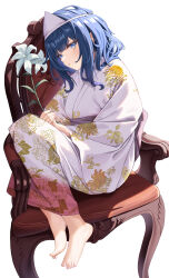 1girl about_fg absurdres barefoot blue_eyes blue_hair chair fetal_position floral_print flower full_body highres holding holding_flower japanese_clothes kimono long_sleeves make_heroine_ga_oo_sugiru! medium_hair on_chair parted_lips sideways_sitting_pose_(han-0v0) simple_background sitting solo triangular_headpiece white_background white_flower white_kimono wide_sleeves yakishio_lemon yanami_anna yukata