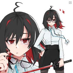 Rule 34 | 1girl, absurdres, ahoge, black-framed eyewear, black hair, black pantyhose, breasts, closed mouth, collared shirt, enma-chan, glasses, hand on own hip, highres, holding, holding sword, holding weapon, hololive, hololive english, katana, lanyard, large breasts, long sleeves, looking at viewer, nail polish, nicosarea, pantyhose, red eyes, red hair, red nails, semi-circular eyewear, shirt, short hair, simple background, skort, solo, sword, takodachi (ninomae ina&#039;nis), virtual youtuber, weapon, white background, white shirt
