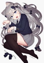 Rule 34 | 1girl, :d, absurdres, animal ears, black jacket, black thighhighs, blazer, blue eyes, bow, brown thighhighs, cat ears, cat girl, cat tail, collared shirt, feet, grey hair, grey skirt, hair bow, highres, jacket, long hair, long sleeves, looking at viewer, miniskirt, nail polish, no shoes, open mouth, original, pleated skirt, school uniform, shirt, simple background, skirt, smile, solo, tail, tail bow, tail ornament, thighhighs, twitter username, two side up, white background, white shirt, yoshihiro (yoshihiro12190), zettai ryouiki