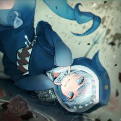 Rule 34 | 1girl, absurdres, animal hood, black flower, black rose, blue eyes, blue hair, blue hoodie, blue nails, blurry, blurry background, blush, commentary request, fins, fish tail, flower, fugutai ten, gawr gura, gawr gura (1st costume), grin, highres, hololive, hololive english, hood, hoodie, huge filesize, index finger raised, long hair, long sleeves, looking at viewer, messy hair, multicolored hair, nail polish, open mouth, pointing, pointing at self, rose, shark hood, shark tail, sharp teeth, sleeves past fingers, sleeves past wrists, smile, solo, streaked hair, tail, teeth, upside-down, virtual youtuber