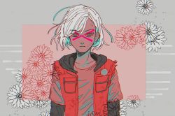 Rule 34 | 1girl, artist request, blue eyes, female focus, frown, jacket, red jacket, red shirt, shirt, solo, solo focus, source request, telltale games, the walking dead, the walking dead (game), violet (the walking dead), white hair