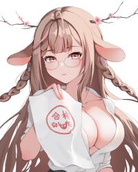 Rule 34 | 1girl, animal ears, braid, breasts, brown hair, cleavage, commentary request, deer ears, exitus, glasses, highres, holding, holding paper, kannazuki lubee, large breasts, long hair, multicolored hair, open clothes, open shirt, paper, pink eyes, pink hair, side braids, sinar8808, solo, streaked hair, very long hair