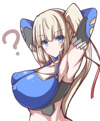 Rule 34 | 10s, 1girl, ?, armpits, arms behind head, arms up, blonde hair, blue eyes, breasts, covered erect nipples, elbow gloves, female focus, gloves, huge breasts, limalisha, long hair, looking at viewer, madan no ou to vanadis, shiki (catbox230123), side ponytail, simple background, solo, tank top, upper body, white background