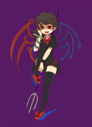 Rule 34 | 1girl, asymmetrical wings, bad id, bad pixiv id, black hair, black thighhighs, dress, fang, female focus, full body, high heels, houjuu nue, hovering kousin, open mouth, pointy ears, polearm, pumps, red eyes, shoes, short hair, simple background, slit pupils, snake, solo, thighhighs, touhou, trident, weapon, wings, wristband, zettai ryouiki