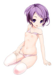 Rule 34 | 1girl, :d, bra, bra lift, breasts, dokidoki! precure, hair ornament, hairclip, kenzaki makoto, navel, nipples, open mouth, panties, pink bra, pink panties, pink thighhighs, precure, purple eyes, purple hair, short hair, simple background, sitting, small breasts, smile, solo, sora to umi, strap slip, thighhighs, underwear, underwear only, white background