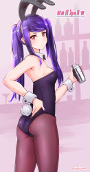 Rule 34 | 1girl, absurdres, animal ears, ass, barefoot, bartender, black leotard, black neckwear, black pantyhose, breasts, cocktail shaker, copyright name, detached collar, fake animal ears, highres, jill stingray, leotard, long hair, looking at viewer, pantyhose, playboy bunny, purple hair, rabbit ears, rabbit tail, rasen manga, red eyes, small breasts, solo, standing, tail, twintails, va-11 hall-a, wrist cuffs