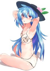 Rule 34 | 1girl, armpits, arms behind head, ass, asuzemu, bare arms, bare legs, black hat, blue hair, bra, flat chest, hair between eyes, hat, hinanawi tenshi, long hair, looking at viewer, looking back, panties, red eyes, simple background, sitting, solo, touhou, underwear, underwear only, v, white background, white bra, white panties