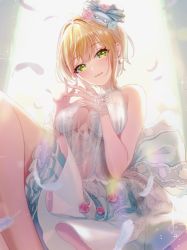 Rule 34 | 1girl, bare shoulders, blonde hair, blue dress, blue flower, blue neckwear, blue rose, blush, breasts, bridal gauntlets, cleavage, closed mouth, commentary request, dress, earrings, feathers, flower, green eyes, hair between eyes, hair flower, hair ornament, hands up, highres, idolmaster, idolmaster cinderella girls, jewelry, lips, looking at viewer, magako, medium breasts, miyamoto frederica, pink flower, pink rose, rose, see-through, short hair, sleeveless, sleeveless dress, smile, solo, white feathers