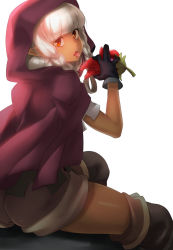 Rule 34 | 1girl, alternate color, ass, boots, braid, cloak, dark-skinned female, dark skin, dragon&#039;s crown, elf, elf (dragon&#039;s crown), food, fruit, long hair, looking at viewer, looking back, naso4, orange eyes, pointy ears, shorts, silver hair, sitting, solo, thigh boots, thighhighs, tongue, tongue out, twin braids