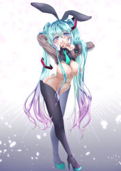 Rule 34 | 1girl, absurdres, animal ears, aqua hair, aqua nails, arms up, ass, between breasts, black footwear, blue eyes, blush, boots, breasts, covered erect nipples, full body, gradient hair, hair between eyes, hair over breasts, hatsune miku, high heel boots, high heels, highres, large breasts, long hair, medyum, meme attire, multicolored hair, nail polish, navel, necktie, necktie between breasts, open mouth, purple hair, rabbit ears, rabbit tail, reverse bunnysuit, reverse outfit, see-through, see-through sleeves, solo, tail, thigh boots, thighhighs, twintails, very long hair, vocaloid