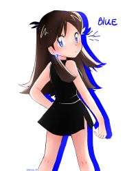 Rule 34 | 1girl, arm at side, armpits, artist request, bare shoulders, black dress, blue eyes, breasts, brown hair, character name, clenched hand, creatures (company), dress, earrings, eyelashes, female focus, from behind, game freak, green (pokemon), hand on own hip, highres, jewelry, legs, long hair, looking at viewer, looking back, medium breasts, neck, nintendo, no gloves, pokemon, pokemon adventures, shiny clothes, short dress, side slit, sidelocks, signature, simple background, sleeveless, sleeveless dress, sleeveless turtleneck, standing, surprised, thighs, turtleneck, turtleneck dress, white background
