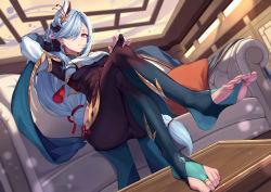 Rule 34 | 1girl, absurdres, adjusting hair, bld zi, blue eyes, bodysuit, braid, breast curtain, breasts, couch, crossed legs, eyes visible through hair, feet, from below, genshin impact, hair ornament, hair over one eye, hand on own knee, highres, indoors, large breasts, long hair, looking at viewer, low-braided long hair, low-tied long hair, on couch, parted lips, shenhe (genshin impact), silver hair, sitting, solo, toes, waist cutout