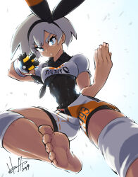 Rule 34 | 1girl, barefoot, bea (pokemon), black hairband, blue background, blue eyes, bodysuit, bodysuit under clothes, bow, breasts, collared shirt, covered navel, creatures (company), cropped shirt, dark-skinned female, dark skin, dated, double-parted bangs, feet, foot out of frame, game freak, gloves, gradient background, grey hair, hair bow, hairband, hands up, highres, holding, holding poke ball, hori shin, impossible clothes, medium breasts, medium hair, nintendo, partially fingerless gloves, poke ball, pokemon, pokemon swsh, shirt, short shorts, short sleeves, shorts, signature, single glove, skin tight, soles, solo, toenails, toes, ultra ball, v-shaped eyebrows, white background