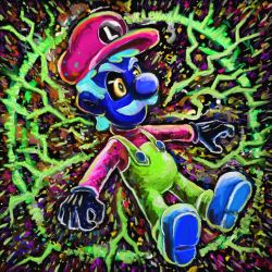 Rule 34 | 1boy, abstract background, blue hair, blue skin, colored skin, commentary, cortoony, english commentary, facial hair, full body, furrowed brow, gloves, hat, luigi, male focus, mario (series), mustache, nintendo, overalls, serious, shoes, super smash bros., yellow eyes