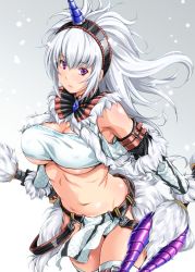 Rule 34 | 1girl, bare shoulders, belt, blush, breasts, capcom, cleavage, cowboy shot, curvy, elbow gloves, female focus, fur, gloves, hairband, horns, kimura neito, kirin (armor), large breasts, leaning forward, long hair, looking at viewer, monster hunter (series), navel, panties, purple eyes, single horn, snow, solo, standing, underboob, underwear, white background, white hair, white legwear, white panties, wide hips