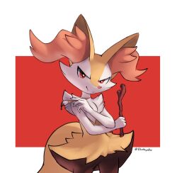 Rule 34 | 1girl, animal ear fluff, animal ears, black fur, braixen, closed mouth, commentary, cowboy shot, creatures (company), crossed arms, doshigato, english commentary, fangs, fox ears, fox tail, fur collar, furry, furry female, game freak, gen 6 pokemon, hand up, holding, holding paintbrush, holding stick, looking at viewer, multicolored fur, nintendo, orange fur, paintbrush, pokemon, pokemon (creature), red background, red eyes, red nose, simple background, smile, snout, solo, standing, stick, tail, tsurime, twitter username, two-tone background, white background, white fur, yellow fur