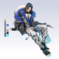 Rule 34 | 1boy, bad id, bad twitter id, black footwear, black gloves, black hair, bow (weapon), closed mouth, fingerless gloves, fur-trimmed jacket, fur trim, gloves, hage2013, hanzo (overwatch), jacket, long sleeves, male focus, medium hair, open clothes, open jacket, overwatch, pants, shoes, simple background, sitting, sneakers, solo, weapon