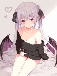 Rule 34 | 1girl, :&lt;, bare legs, bare shoulders, bed sheet, black shirt, blush, breasts, cleavage, closed mouth, collarbone, cowboy shot, demon horns, demon wings, eyes visible through hair, hair between eyes, heart, horns, long hair, long sleeves, looking at viewer, medium breasts, middle w, off-shoulder shirt, off shoulder, original, oversized clothes, oversized shirt, purple eyes, shadow, shirt, sidelocks, simple background, single horn, sitting, sleeves past wrists, solo, sunlight, thighs, triangle mouth, tsuzaki tsunomi, twintails, very long hair, w, white hair, window shadow, wings