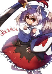 Rule 34 | 1girl, absurdres, bare shoulders, detached sleeves, frilled skirt, frills, highres, inubashiri momiji, long skirt, looking at viewer, no headwear, one-hour drawing challenge, red eyes, renshirenji, simple background, skirt, solo, touhou, twitter username, white background, white hair