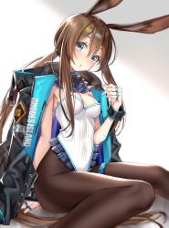 Rule 34 | 1girl, amiya (arknights), animal ears, arknights, arm support, ascot, black jacket, blue eyes, blush, breasts, brown hair, brown pantyhose, choker, dated, detached collar, fake animal ears, frilled leotard, frills, hair between eyes, hand up, hattori masaki, head tilt, highleg, highleg leotard, highres, jacket, jacket on shoulders, jewelry, leotard, long hair, long sleeves, looking at viewer, medium breasts, multiple rings, open clothes, open jacket, pantyhose, parted lips, playboy bunny, ponytail, rabbit ears, ring, sidelocks, solo, strapless, strapless leotard, thighlet, thumb ring, very long hair, white leotard, wrist cuffs