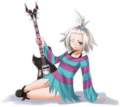 Rule 34 | 10s, 1girl, blue eyes, boots, creatures (company), game freak, gen 1 pokemon, guitar, gym leader, hiba (p-p-purin), instrument, koffing, nintendo, pokemon, pokemon (creature), pokemon bw2, roxie (pokemon), shirt, striped clothes, striped shirt, white hair