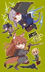 Rule 34 | 4girls, :d, absurdres, animal ear fluff, animal ears, arknights, axe, black gloves, black hair, black shirt, blonde hair, blue jacket, blue skirt, brown eyes, brown hair, brown thighhighs, chibi, closed mouth, franka (arknights), gloves, green background, green jacket, grey hair, grey shirt, grey skirt, gun, handgun, highres, holding, holding axe, holding gun, holding sword, holding weapon, horns, jacket, jessica (arknights), liskarm (arknights), multiple girls, open mouth, pleated skirt, ponytail, puffy short sleeves, puffy sleeves, red eyes, riot shield, shield, shirt, short hair, short sleeves, simple background, skirt, smile, sword, tail, thighhighs, translation request, vanilla (arknights), wakita piyosuke, weapon, weapon request