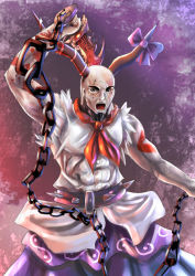 Rule 34 | belt, chain, cosplay, crossover, fusion, god of war, horns, ibuki suika, ibuki suika (cosplay), kratos (god of war), male focus, muscular, musyne xsk, open mouth, purple ribbon, ribbon, scar, solo, spikes, touhou, weapon, what