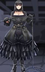 Rule 34 | 1girl, bad id, bad pixiv id, belt, black collar, black dress, black gloves, black hair, boots, breasts, cleavage, closed mouth, collar, commentary request, curvy, dress, facing viewer, frills, funeral dress, gloves, goth fashion, gothic lolita, high heel boots, high heels, holding, holding whip, huge breasts, indoors, kandata nijou, lolita fashion, looking at viewer, original, red eyes, smile, solo, standing, whip