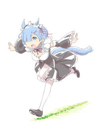 Rule 34 | 1girl, animal ears, black dress, black footwear, black hairband, black sleeves, blue eyes, blue hair, breasts, cleavage cutout, clothing cutout, commentary, cosplay, detached sleeves, dress, frilled dress, frilled hairband, frilled sleeves, frills, hair ornament, hair over one eye, hairband, highres, horse ears, horse tail, kemonomimi mode, looking to the side, mary janes, medium breasts, medium dress, open mouth, outstretched arms, pantyhose, re:zero kara hajimeru isekai seikatsu, rem (re:zero), running, shoes, short hair, simple background, sleeveless, sleeveless dress, solo, spread arms, tail, ueyama michirou, umamusume, white background, white pantyhose, x hair ornament