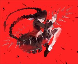 Rule 34 | 10s, 1girl, braid, brown hair, danganronpa (series), danganronpa: trigger happy havoc, fukawa toko, genocider shou, glasses, highres, holster, long hair, long tongue, looking at viewer, midriff, qinnye, red background, red eyes, school uniform, scissors, serafuku, skirt, solo, spoilers, thigh holster, tongue, tongue out, twin braids