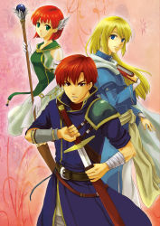 Rule 34 | 1girl, 2boys, androgynous, armor, bandages, belt, blonde hair, blue eyes, bob cut, book, boots, brother and sister, dress, elbow gloves, fire emblem, fire emblem: the blazing blade, gloves, green eyes, head wings, kitsukit, long hair, lucius (fire emblem), monk, multiple boys, nintendo, priscilla (fire emblem), raven (fire emblem), red eyes, red hair, robe, short hair, shoulder pads, siblings, skirt, smile, staff, strap, sword, trap, weapon, wings