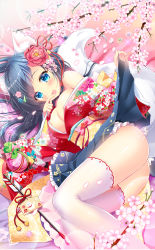 Rule 34 | 1girl, :d, animal ears, arrow (projectile), ass, bare shoulders, bell, black hair, blue eyes, blue skirt, blush, breasts, cherry blossoms, clothes lift, commentary request, dog ears, dog girl, dog tail, fang, fingernails, floral print, flower, hair flower, hair ornament, hamaya, highres, ichi rin, japanese clothes, jingle bell, kimono, large breasts, long hair, long sleeves, looking at viewer, lying, obi, off shoulder, on side, open mouth, original, pinching sleeves, pinky out, pleated skirt, print kimono, red kimono, sash, short kimono, skirt, skirt lift, smile, solo, tail, thighhighs, very long hair, white thighhighs, wide sleeves