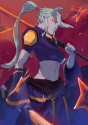 Rule 34 | 1girl, absurdres, breasts, chinese commentary, colored skin, commentary request, cowboy shot, crop top, cropped shirt, dead cells, detached sleeves, dual persona, green hair, grey skin, hair tubes, high ponytail, highres, holding, holding sword, holding weapon, horns, medium breasts, midriff, orange eyes, pants, profile, purple pants, shuriken, sidelocks, solipsist, solo, sword, time keeper (dead cells), turtleneck, weapon