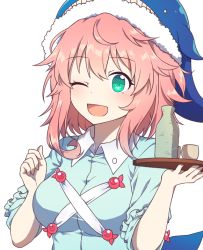 Rule 34 | 1girl, animal hat, blue hat, blue shirt, blush, breasts, choko (cup), collared shirt, commission, cup, green eyes, hair between eyes, hat, holding, holding tray, kaoling, korean commentary, large breasts, okunoda miyoi, one eye closed, open mouth, pink hair, shirt, short hair, short sleeves, simple background, smile, solo, tokkuri, touhou, tray, whale hat, white background