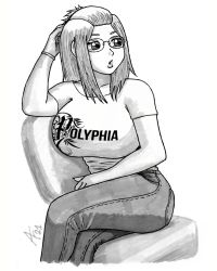 Rule 34 | 1girl, aaronhibiki, bangs pinned back, blonde hair, breasts, denim, glasses, highres, inne sulistya robin, jeans, large breasts, crossed legs, long hair, monochrome, on chair, pants, polyphia (band), shirt, sitting, solo, t-shirt, tight clothes, tight shirt, xxxhibiki
