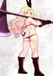 Rule 34 | 1girl, amazon (dragon&#039;s crown), armlet, armor, ass, axe, bad id, bad pixiv id, bikini armor, blonde hair, blue eyes, blush, boots, butt crack, circlet, dragon&#039;s crown, feathers, from behind, gloves, halberd, long hair, looking back, okazuwa shake, polearm, solo, tattoo, weapon
