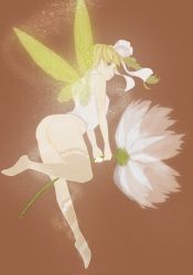 Rule 34 | 1girl, arm tattoo, ass, asymmetrical legwear, bare arms, bare shoulders, blonde hair, blush, bottomless, braid, brown background, commentary request, fairy, fairy wings, flower, flower request, flying, from behind, full body, green eyes, hair ribbon, highres, holding, holding flower, kneehighs, light particles, long hair, looking away, mini person, minigirl, original, parted lips, ribbon, sako (35s 00), side braid, single kneehigh, single sock, single thighhigh, socks, solo, strapless, tattoo, thighhighs, tube top, uneven legwear, white ribbon, white tube top, wings