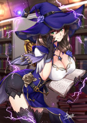 Rule 34 | 1girl, adsouto, black gloves, book, breasts, brown hair, cleavage, genshin impact, gloves, green eyes, hat, highres, large breasts, lisa (genshin impact), looking at viewer, magic, pelvic curtain, signature, smile, tagme, thighhighs, vision (genshin impact), witch hat