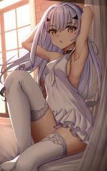 Rule 34 | 1girl, absurdres, armpits, arms up, breasts, brown eyes, melusine (fate), fate/grand order, fate (series), forked eyebrows, highres, long hair, looking at viewer, open mouth, sidelocks, small breasts, solo, thighs, toukan, white hair