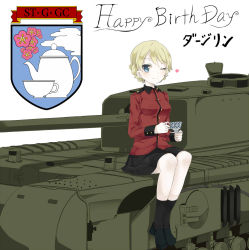 Rule 34 | 1girl, ;), black footwear, black skirt, blonde hair, blue eyes, boots, braid, character name, churchill (tank), closed mouth, commentary request, cup, darjeeling (girls und panzer), emblem, epaulettes, girls und panzer, happy birthday, heart, holding, holding cup, holding saucer, jacket, long sleeves, looking at viewer, military, military uniform, military vehicle, miniskirt, motor vehicle, one eye closed, pleated skirt, red jacket, saucer, short hair, sitting, skirt, smile, solo, st. gloriana&#039;s (emblem), st. gloriana&#039;s military uniform, tank, teacup, translated, twin braids, uniform, yunekoko