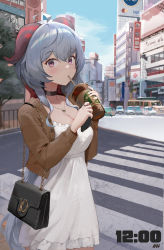 Rule 34 | 1girl, absurdres, ahoge, alternate costume, bag, black choker, blue hair, blue sky, blush, breasts, buttons, car, casual, cellphone, choker, city, cleavage, cowboy shot, crosswalk, cup, day, disposable cup, dress, drinking, ganyu (genshin impact), genshin impact, handbag, highres, holding, holding cup, holding phone, horns, jacket, jewelry, kawa683, large breasts, long hair, long sleeves, motor vehicle, nail polish, necklace, open clothes, open jacket, orange nails, outdoors, phone, purple eyes, real world location, ring, road, shibuya (tokyo), shoulder bag, sky, smartphone, street, tokyo (city), unbuttoned, white dress