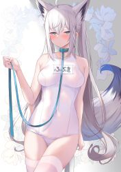 Rule 34 | 1girl, animal ears, bare shoulders, blue eyes, blush, braid, breasts, collar, covered navel, fox ears, fox tail, highres, hololive, leash, long hair, medium breasts, one-piece swimsuit, school swimsuit, shirakami fubuki, solo, swimsuit, tail, thighhighs, virtual youtuber, white hair, white one-piece swimsuit, white thighhighs, yoshiheihe