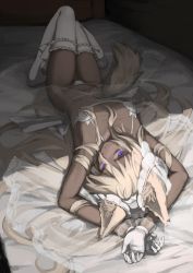 Rule 34 | 1girl, :o, animal ear fluff, animal ears, armpits, arms up, bed sheet, blonde hair, bra, collarbone, commentary request, copyright request, dark-skinned female, dark skin, flat chest, frilled thighhighs, frills, gloves, knees together feet apart, knees up, long hair, lying, on back, on bed, osobachan, panties, parted lips, purple eyes, see-through, solo, tail, thigh gap, thighhighs, underwear, underwear only, very long hair, white bra, white gloves, white panties, white thighhighs