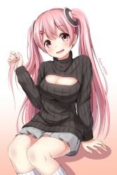 Rule 34 | 1girl, :d, artist name, bad id, bad twitter id, black sweater, blush, breasts, character request, cleavage, cleavage cutout, clothing cutout, eyebrows, gradient background, grey skirt, hair ornament, hairclip, highres, holding, holding hair, large breasts, legs together, long hair, looking at viewer, meme attire, open-chest sweater, open mouth, original, pink background, pink eyes, pink hair, pleated skirt, ribbed sweater, sitting, skirt, smile, socks, solo, superpig, superpig (wlstjqdla), sweater, tareme, thighs, twintails, white background, white socks