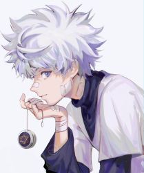 Rule 34 | 1boy, bad id, bad twitter id, bandages, bandaid, bandaid on cheek, bandaid on face, bandaid on hand, bandaid on nose, clivenzu, commentary, from side, head rest, hexagram, highres, holding, hunter x hunter, killua zoldyck, layered sleeves, long sleeves, looking at viewer, looking to the side, male focus, profile, purple eyes, purple sweater, shirt, short over long sleeves, short sleeves, simple background, smile, solo, star of david, sweater, white background, white hair, white shirt, yo-yo