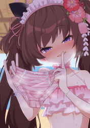 Rule 34 | 1girl, absurdres, animal ears, bikini, bikini top only, blue archive, blurry, blurry background, blush, bow, bow panties, breasts, brown hair, choker, collarbone, fake animal ears, finger to mouth, flower, frilled bikini, frills, hair flower, hair ornament, half-closed eyes, highres, himitsu ni shitoite ageru, holding, holding clothes, holding panties, holding underwear, long hair, looking at viewer, maid headdress, naughty face, nose blush, official alternate costume, outdoors, panties, parted lips, pink bikini, pink choker, pink panties, presenting removed panties, purple eyes, shizuko (blue archive), shizuko (swimsuit) (blue archive), shushing, small breasts, solo, steam, striped clothes, striped panties, swimsuit, teeth, twintails, underwear, upper body, upper teeth only