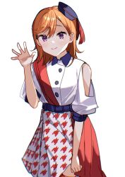 1girl ban_(one_ban7241) beret closed_mouth clothing_cutout collared_shirt commentary_request hair_between_eyes hand_up hat highres looking_at_viewer love_live! love_live!_superstar!! medium_hair orange_hair purple_eyes purple_hat shibuya_kanon shirt shoulder_cutout smile solo standing start!!_true_dreams_(love_live!) upper_body white_background white_shirt