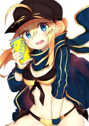 Rule 34 | 1girl, absurdres, ahoge, artoria pendragon (all), artoria pendragon (fate), baseball cap, black hat, blonde hair, blue eyes, commentary request, fate/grand order, fate (series), hair between eyes, hat, highres, jacket, long hair, looking at viewer, mysterious heroine x (fate), open mouth, ranf, saber (fate), scarf, smile, solo